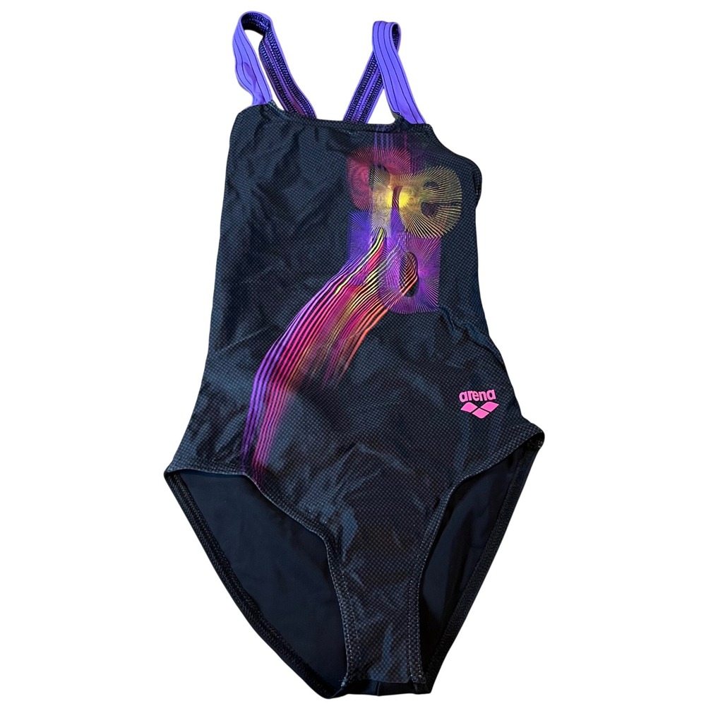 Arena Girls Parrot V-Back One Piece Swimsuit Black Dark Lavanda Size 8-10 26 NEW